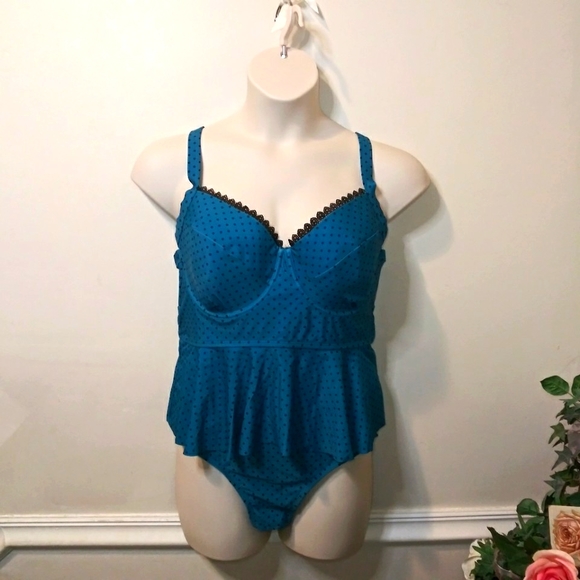 Terra & Sky Other - Terra & Sky Retro/Pin-Up Style Teal/Black Polka Dot 2-Piece High Waist Swimsuit